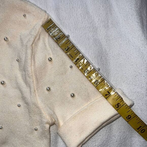 Bebe Cream Short Sleeve Turtleneck Pearl Sequin Logo Sweater- L - Picture 10 of 12